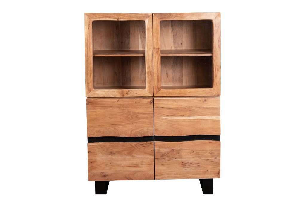B-Ware Einzelstück Highboard Vitrine 103 x 45 x 148 cm Akazienholz massiv nussfarben LENTIA
