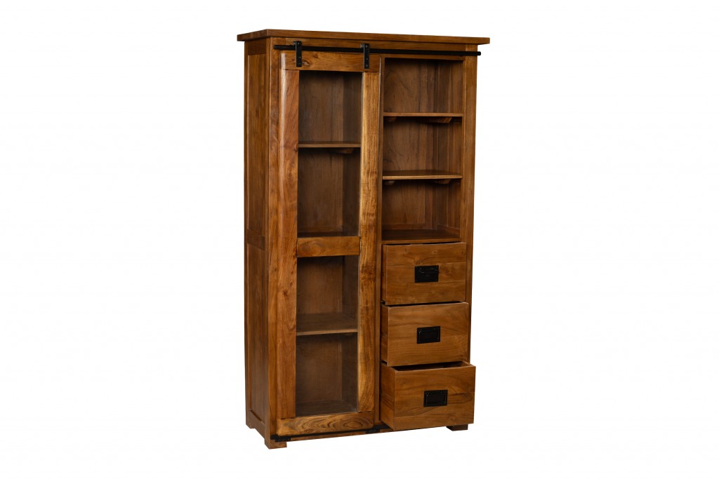 B-Ware Einzelstück Highboard Vitrine 175 x 100 x 45 cm Akazienholz massiv nussbaumfarben SCILLA