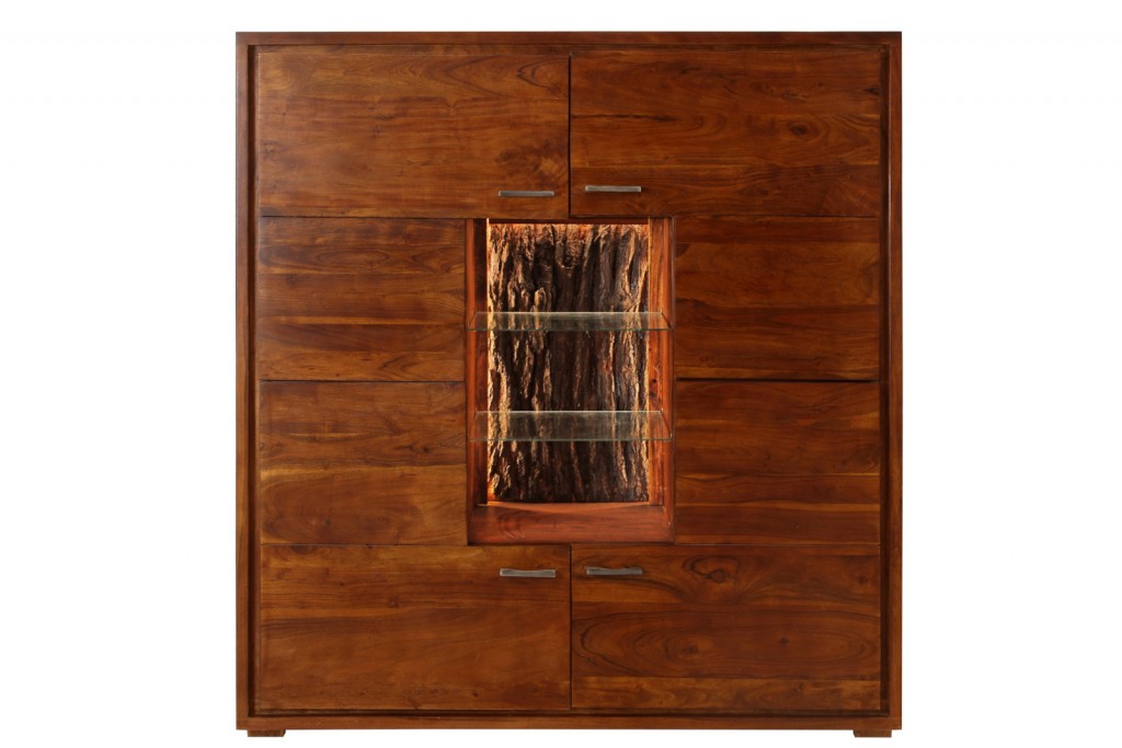 B-Ware Einzelstück Highboard 145 x 153 x 40 cm Akazienholz massiv nougatfarben ASTAKOS