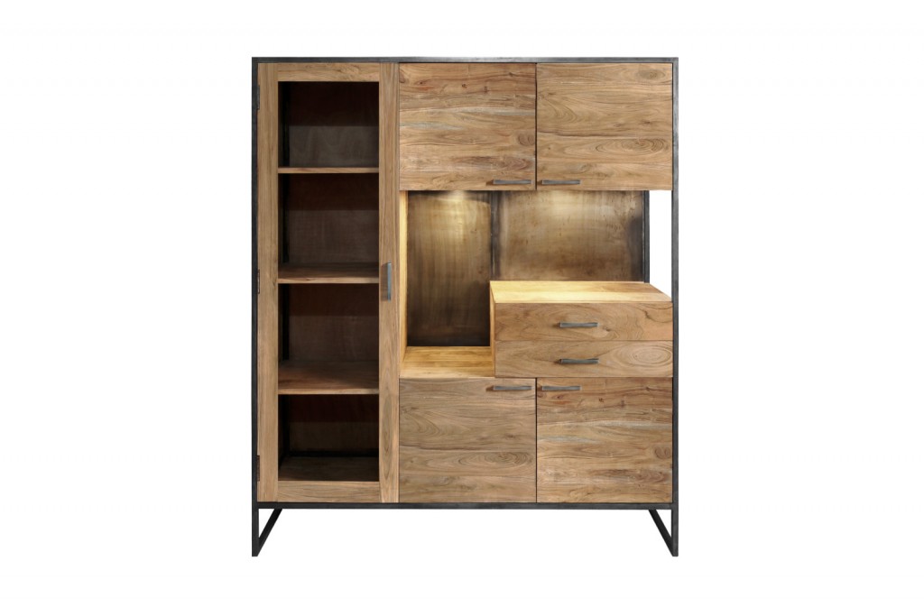B-Ware Einzelstück Highboard Vitrine 139 x 160 x 40 cm Akazienholz massiv stonefarben MILOS