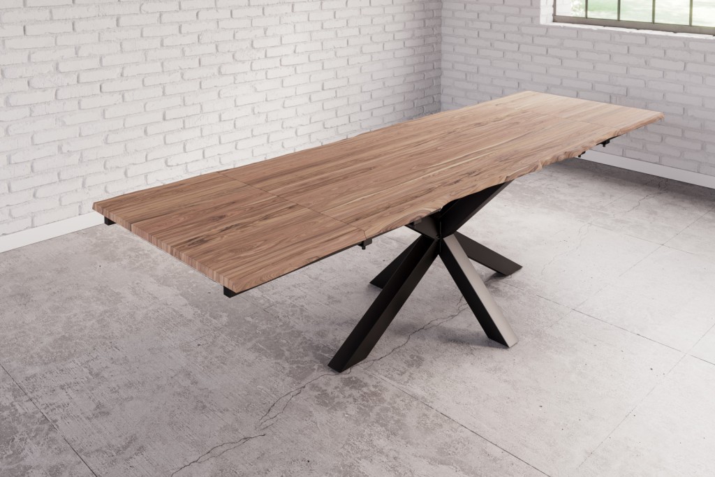 Esstisch Baumkante Akazie stone &amp; nougat + Ansteckplatten schwarz BLANCHE