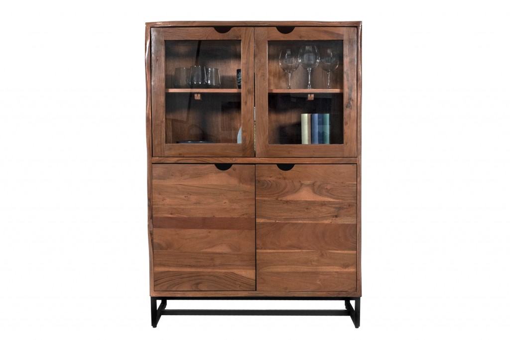 B-Ware Einzelstück Highboard Vitrine Akazienholz nussbaumfarben massiv 100 x 140 cm LOPAR