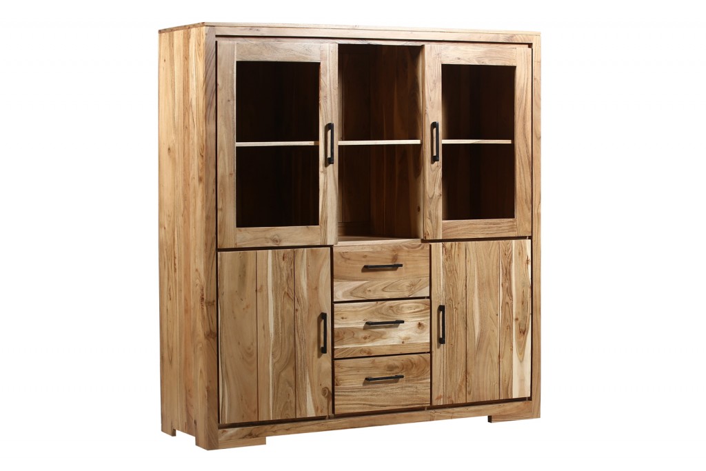 B-Ware Einzelstück Highboard Vitrine 140 x 45 x 150 cm Akazienholz massiv stonefarben CORTE